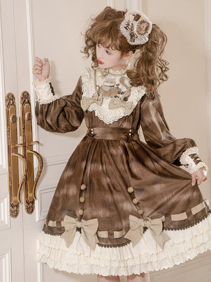 Cat Print Sweet Brown Lolita Dress YOU0012