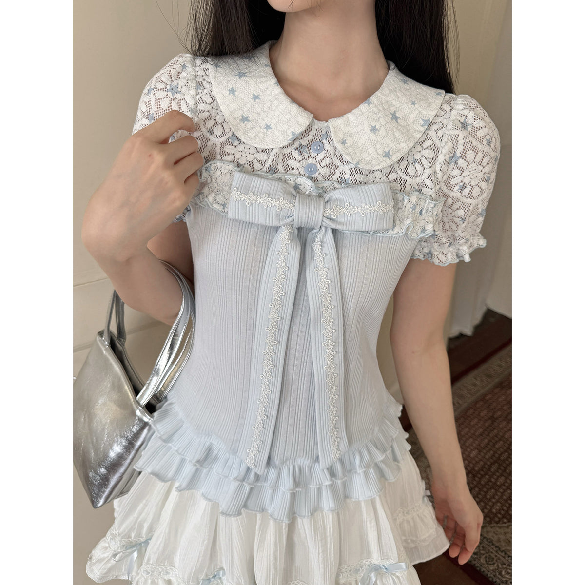 Doll Collar Lace Bow Puff Sleeve Blouse LAL0226