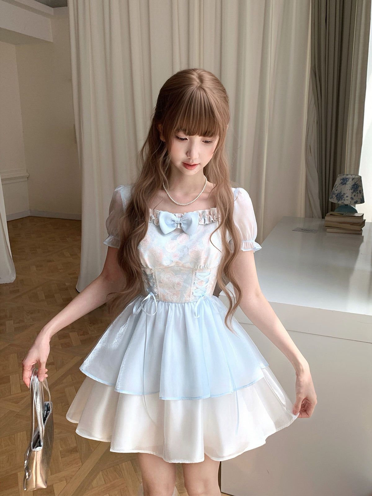 Square Neck Floral Puff-Sleeve Dress LAL0201
