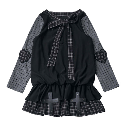 Plaid Puff Sleeve Gothic Tiered Dress PIN0026