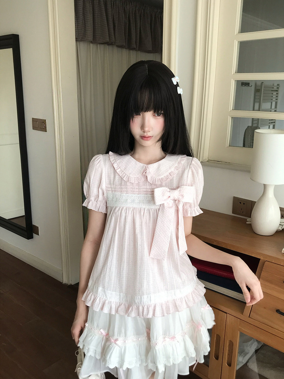 Sweet Bow Lace Doll Collar Puff Sleeve Dress LAL0225
