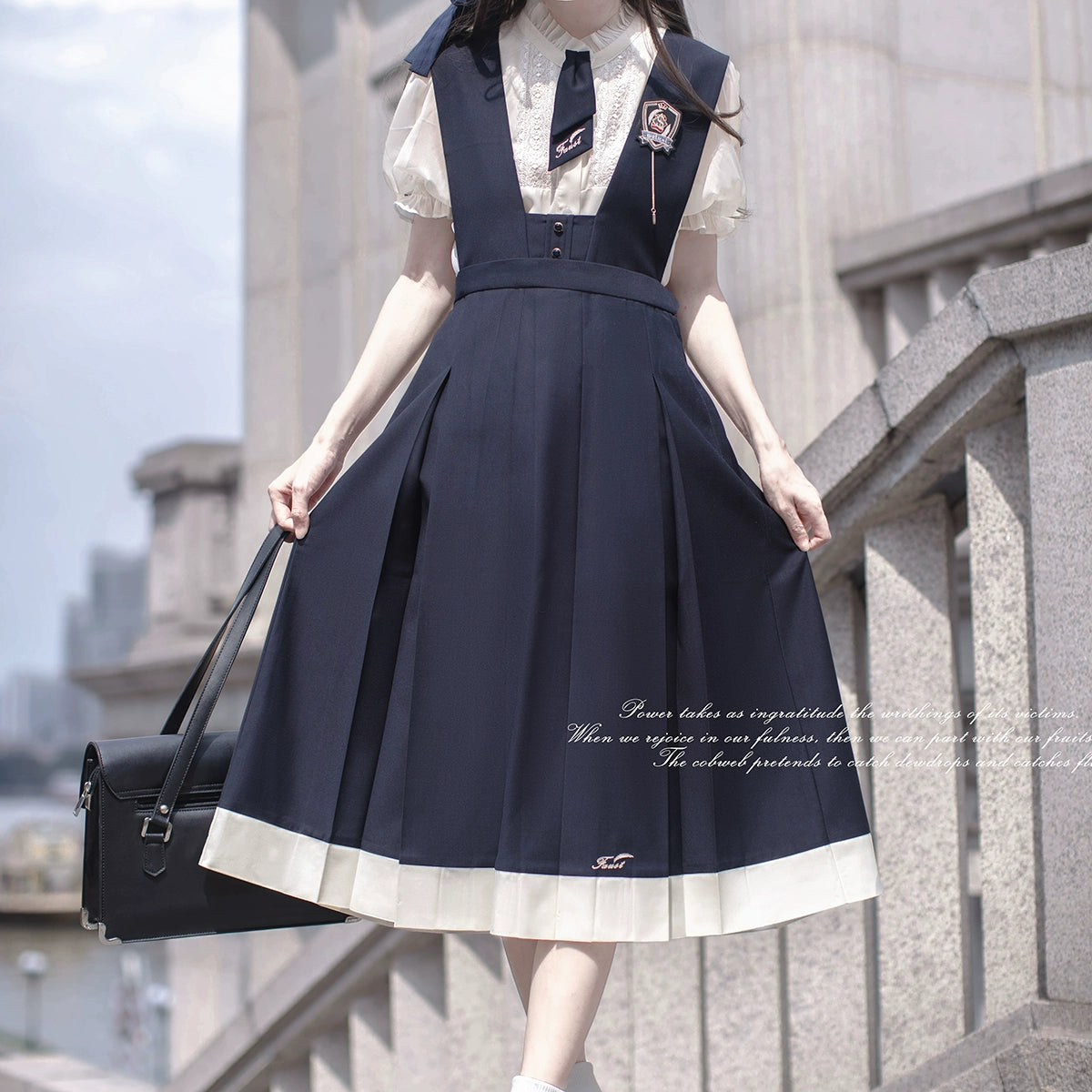 Elegant Puff Sleeve Inner Shirt & Navy Skirt  HUT0094