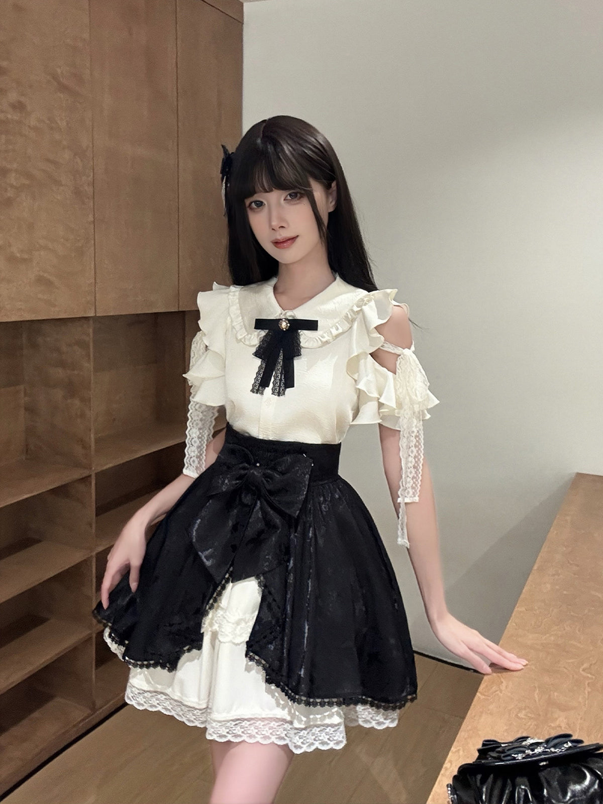 Cold Shoulder Ruffle Bow Blouse LAL0220
