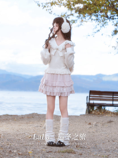 Ruffle Collar Bow Knit Sweater With Tiered Skirt LAL0162