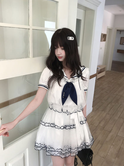 Sailor Collar Tiered Lace Dress LAL0194