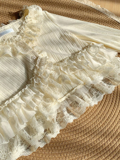 Lace Trim Cropped Knit Cardigan WIT0296