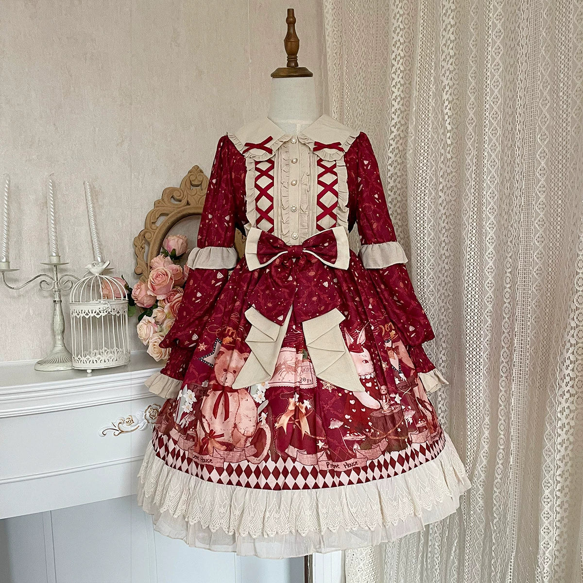 Red Ribbon Frill Bear Print Lolita Dress YOU0145