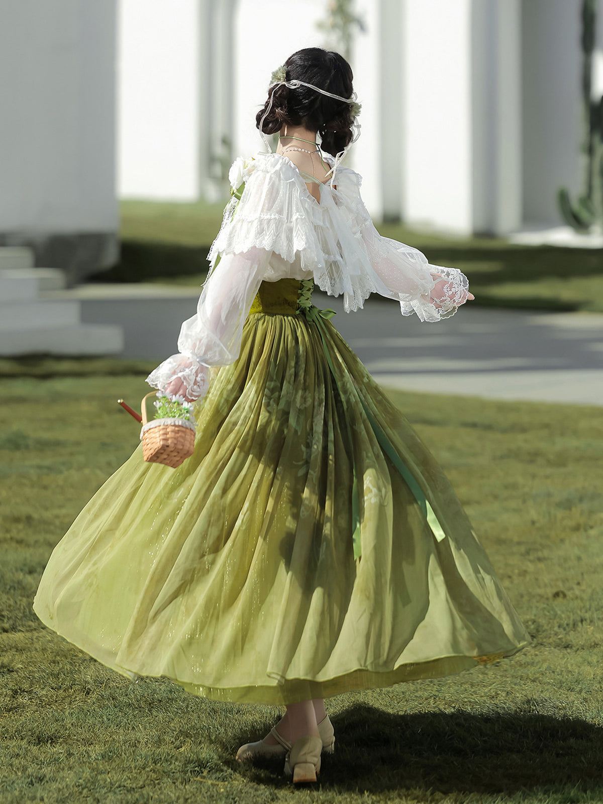 Olive Green Vintage Lace Ruffle Blouse And Skirt Set YOU0306