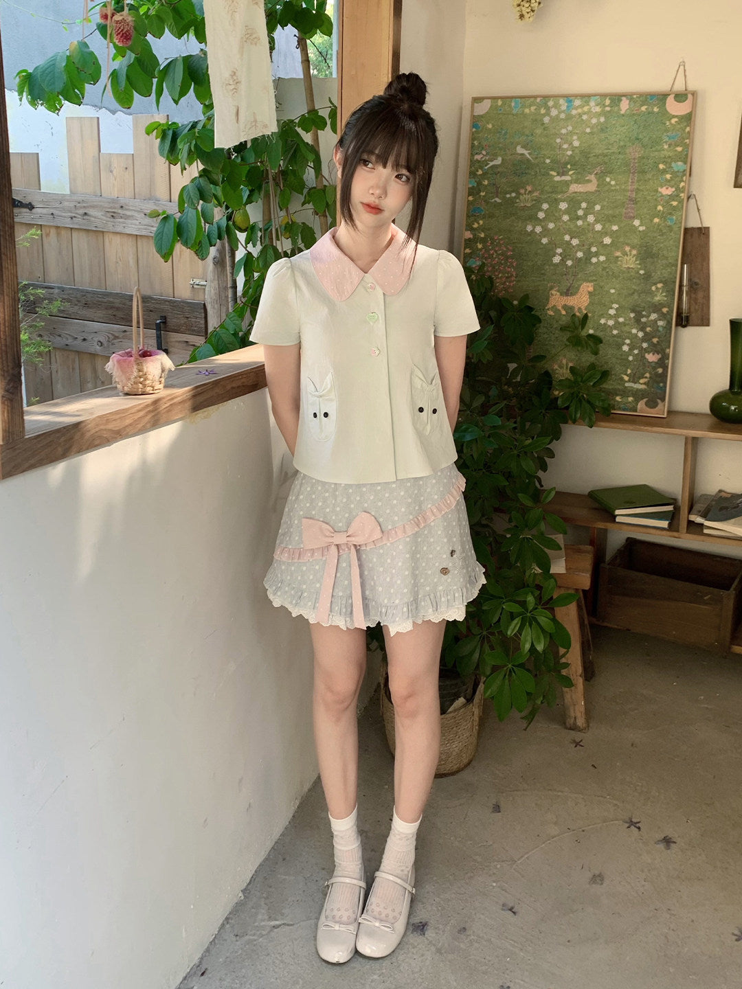 Mint Peter Pan Collar Cat Pocket Blouse LAL0182