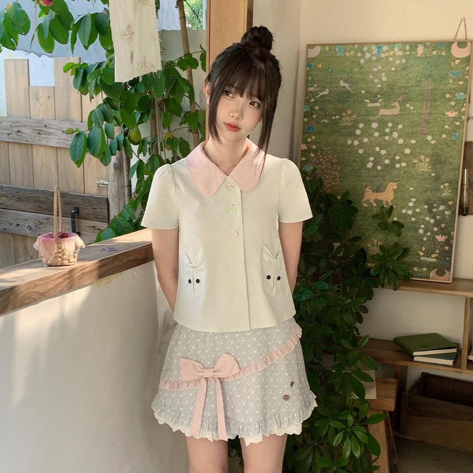 Mint Peter Pan Collar Cat Pocket Blouse LAL0182