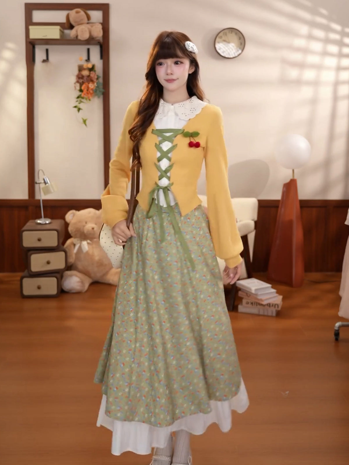 Vintage Lace-Up Cardigan Floral Midi Skirt Set BEL0042