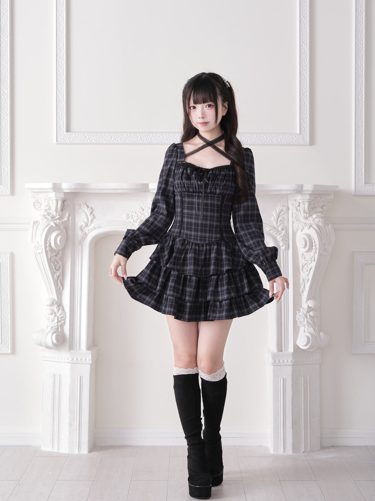 Crisscross Strap Plaid Tiered Dress NOG0028