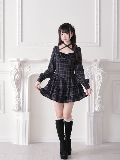 Crisscross Strap Plaid Tiered Dress NOG0028