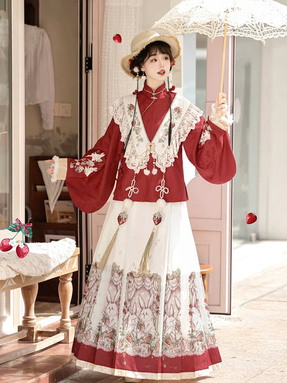 Strawberry and Bunny Chinese-Style Shawl Red Long Sleeve Dress YOU0188