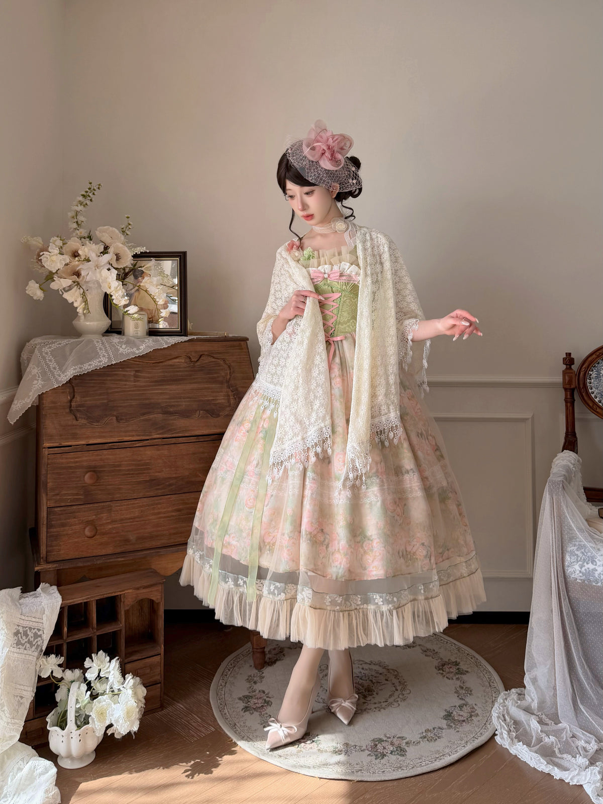 Floral Print Ribbon Waist Garden Dress ONE0024