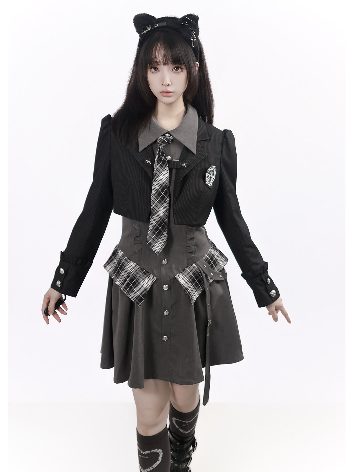 Plaid Tie Long Sleeve Shirt Dress PIN0061