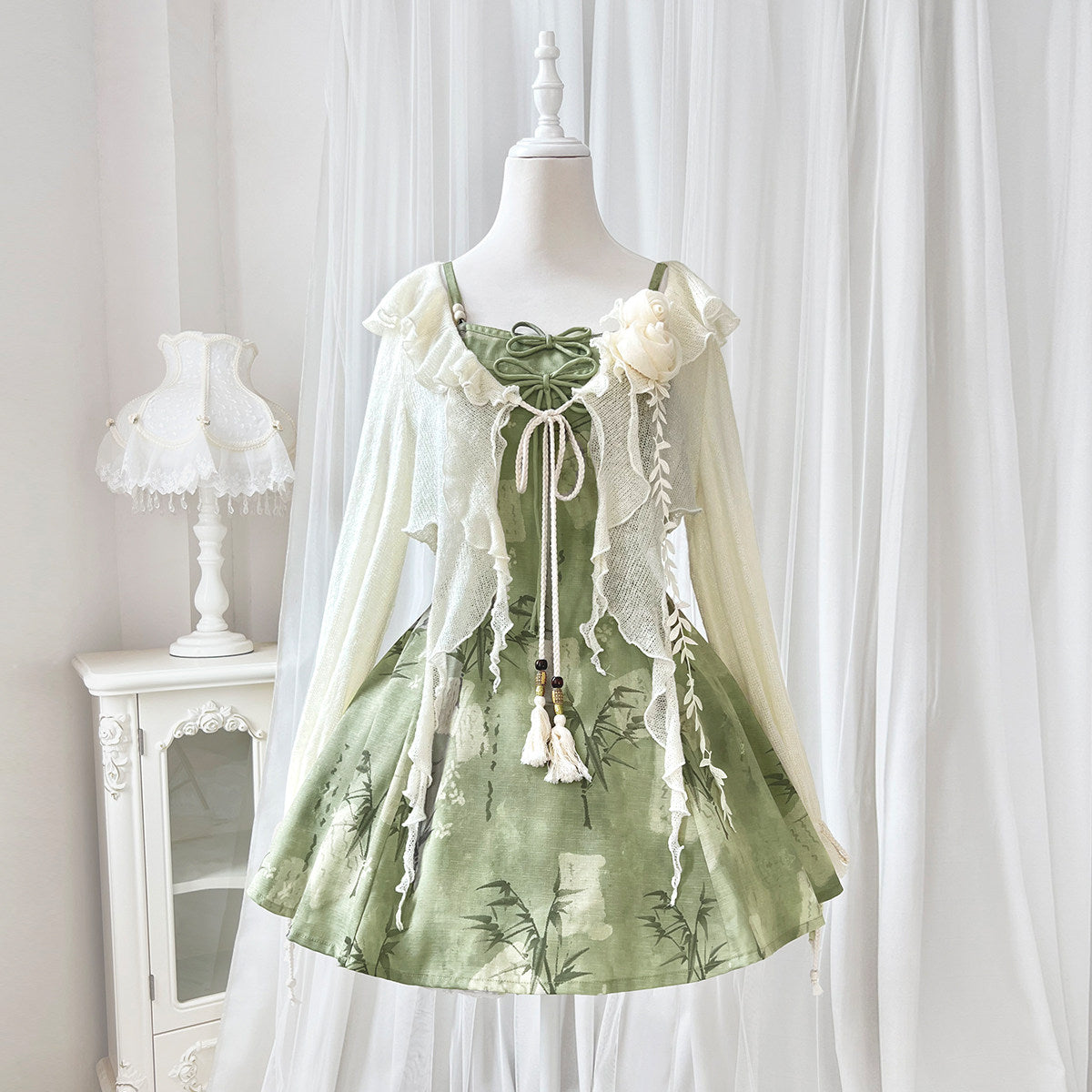 Bamboo Print Chinese Style Sundress With Sheer Cardigan YOU0281