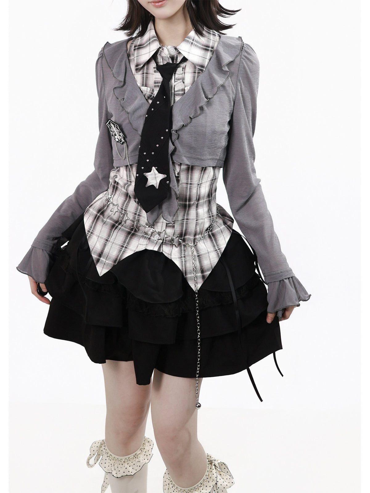 Plaid Vest Shirt And Ruffle Tier Skirt PIN0044