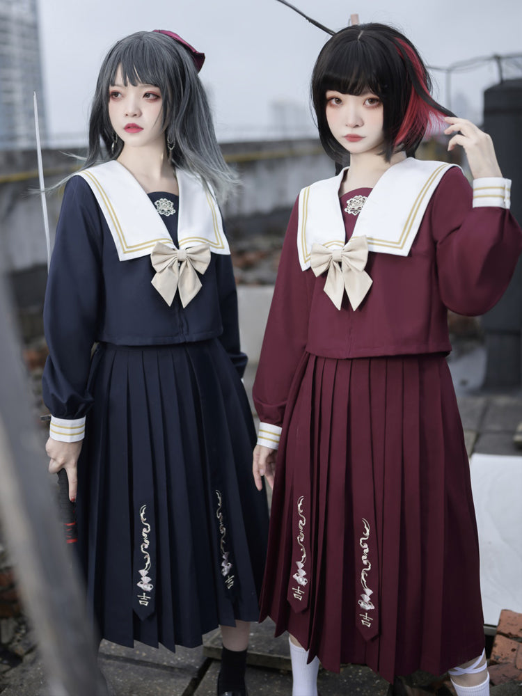 School Uniform Style Navy & Wine Red Two-Piece Set YOU0062