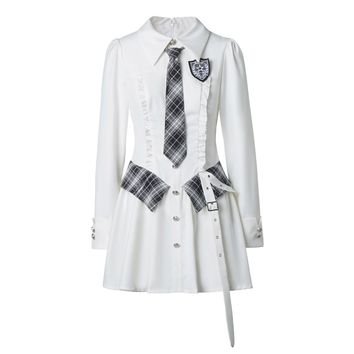 Plaid Tie Long Sleeve Shirt Dress PIN0061