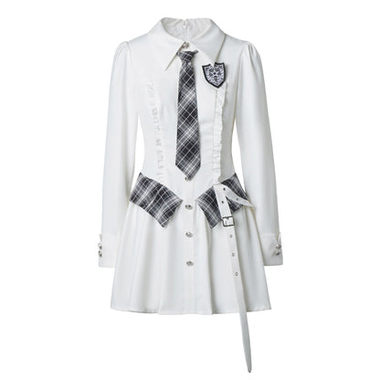 Plaid Tie Long Sleeve Shirt Dress PIN0061