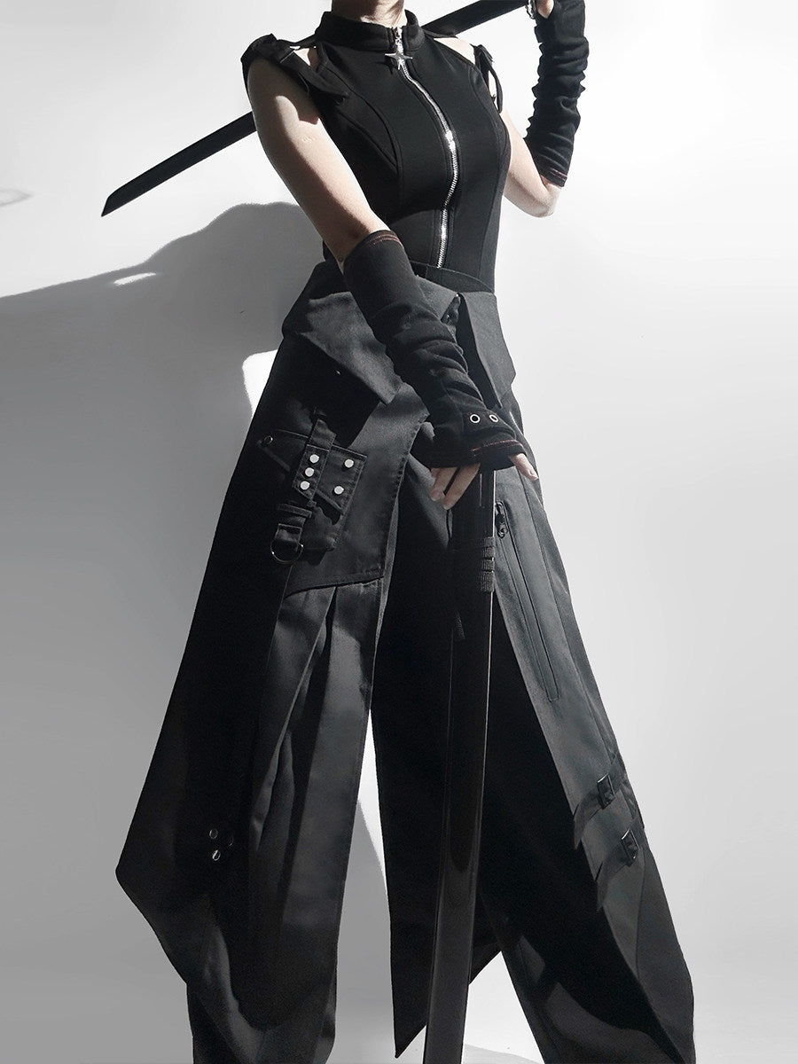 Black Gothic Asymmetric Apron Pants Set YOU0291