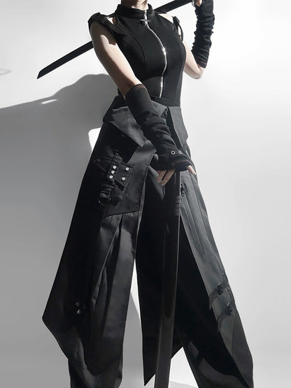 Black Gothic Asymmetric Apron Pants Set YOU0291