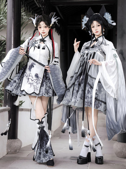 Chinese Style Ombre Bird Print Cape Dress YOU0230