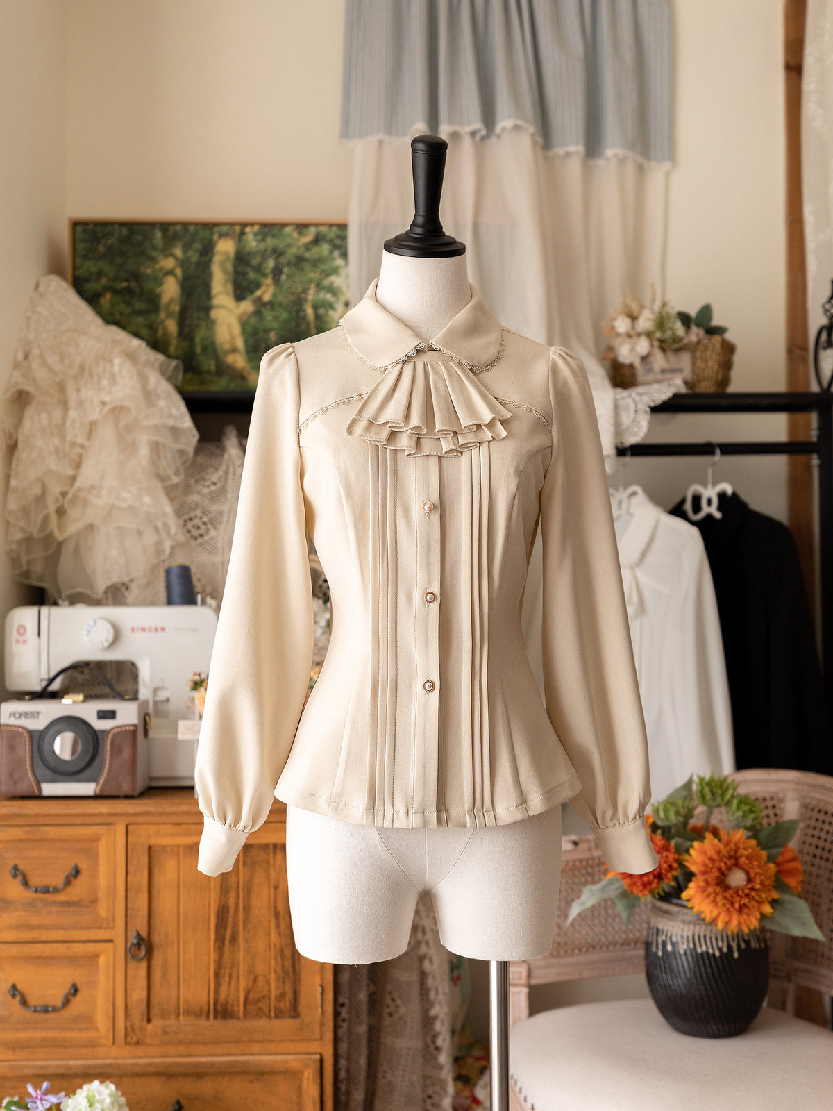 Vintage Ribbon Collar Pintuck Blouse FOR0065
