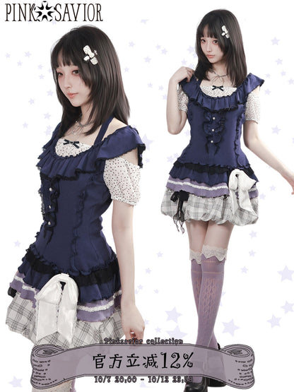 Corset Bodice Top And Plaid Bubble Skirt PIN0049