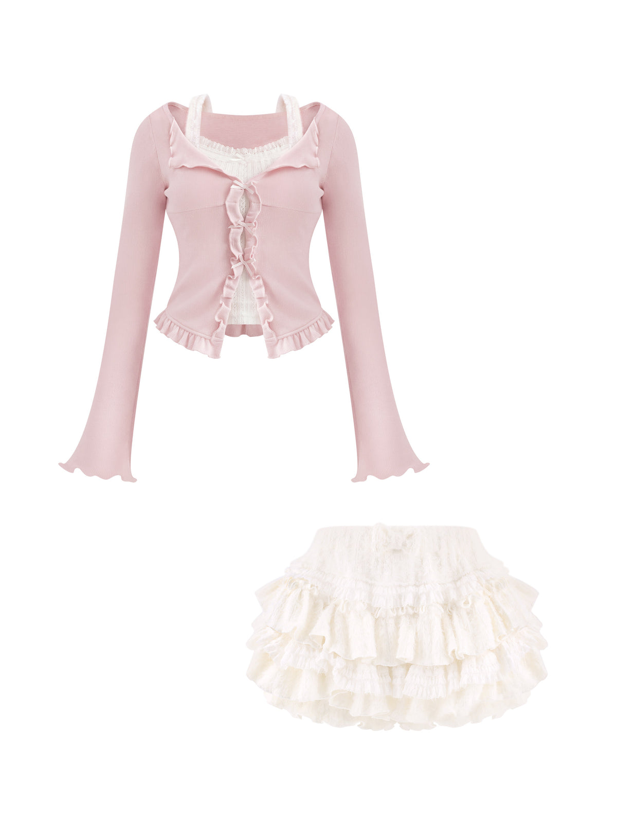 Pink Fitted Knit Top With Tiered Skirt Set SER0136