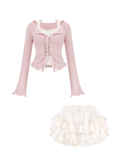 Pink Fitted Knit Top With Tiered Skirt Set SER0136