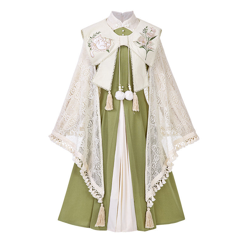 Chinese Style Lace Cape Pleated Midi Dress Set YOU0326