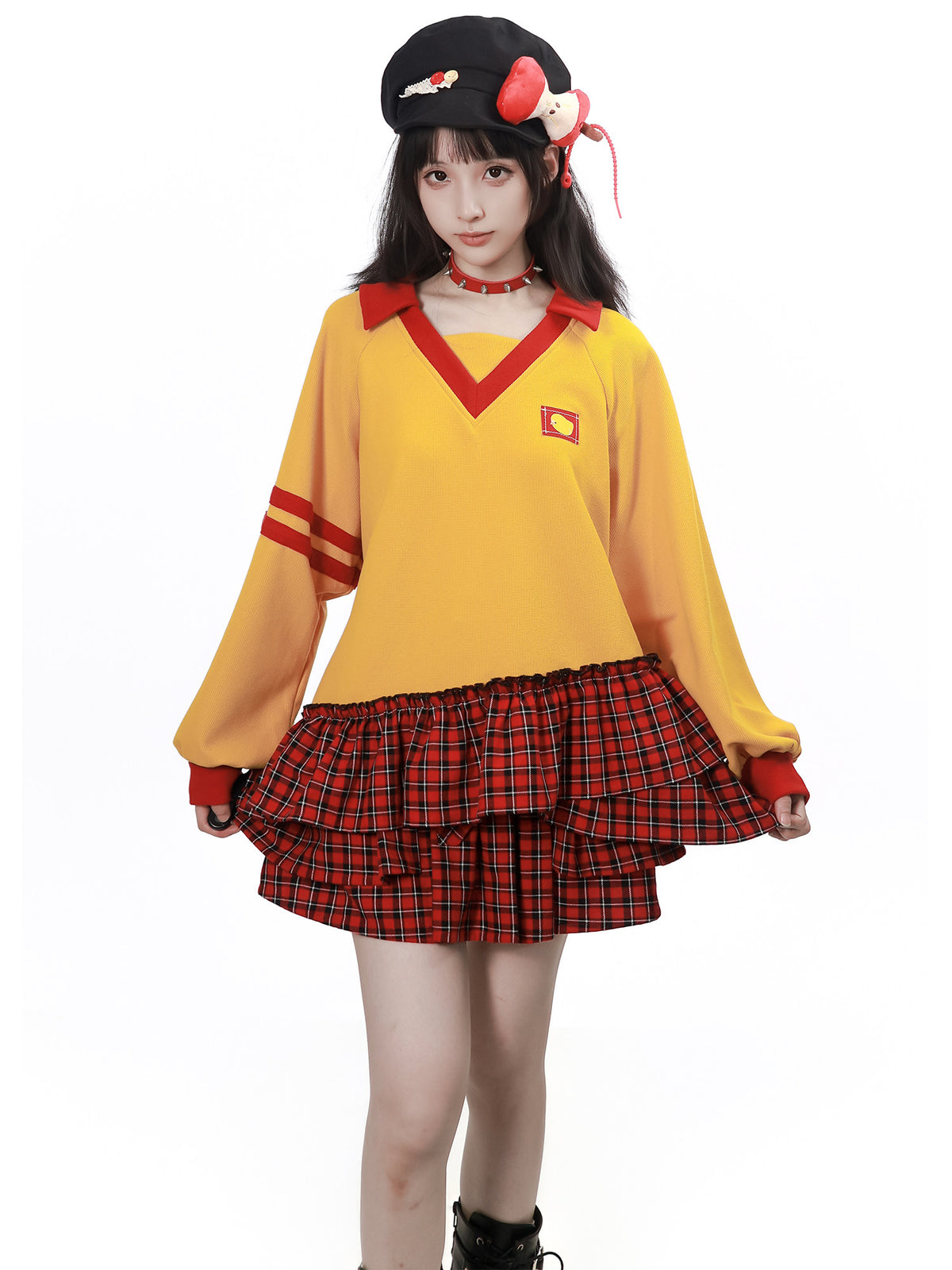 V-Neck Color Block Sweatshirt And Plaid Skirt Set PIN0052