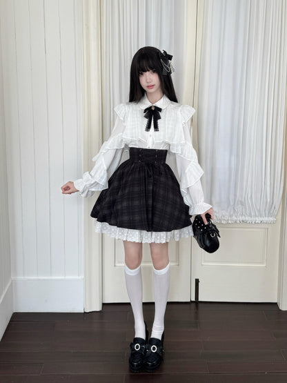 Ribbon Collar Blouse And Plaid Skirt Set LAL0141