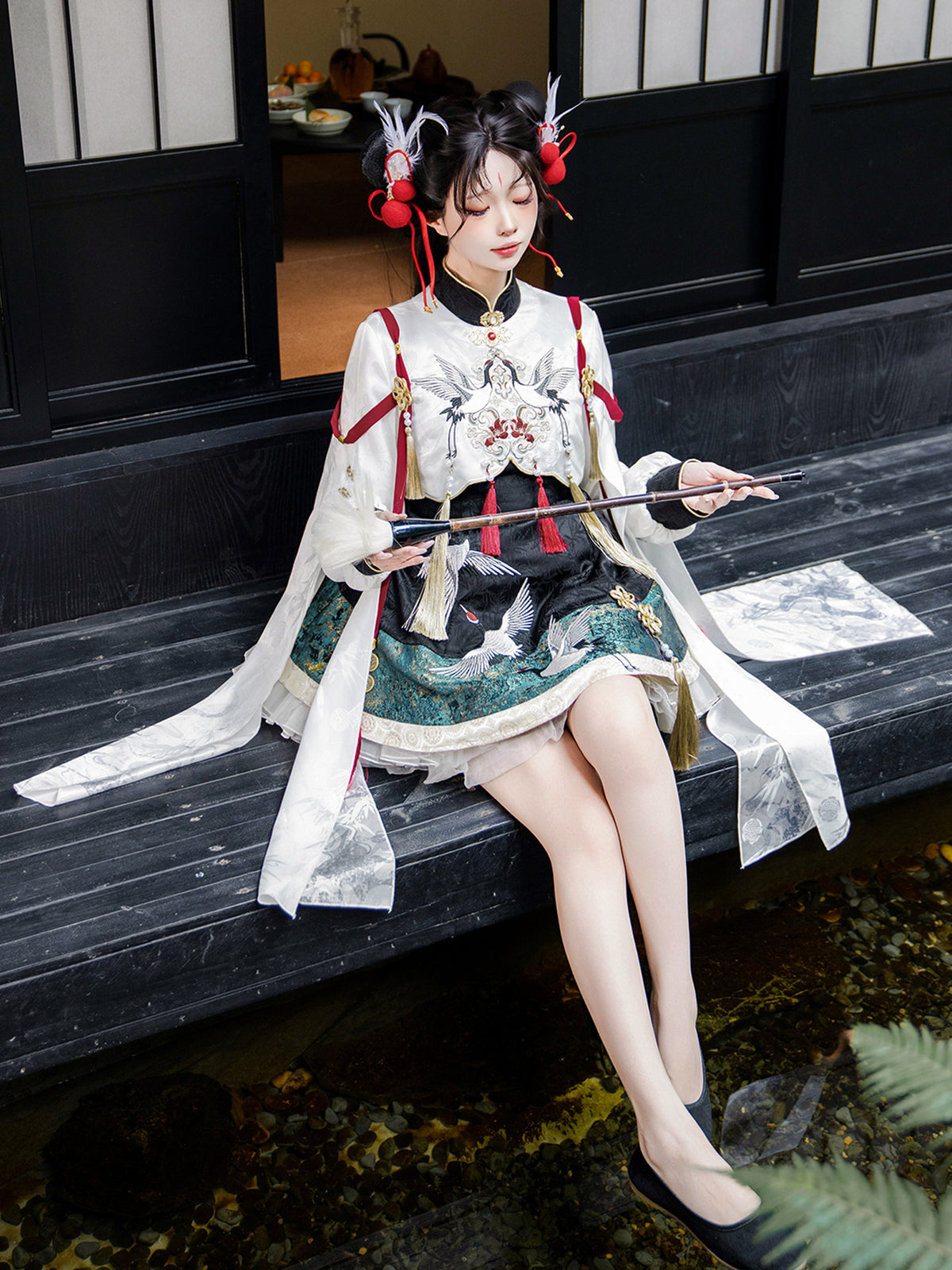 Chinese Style Crane Embroidered Cape Dress YOU0261