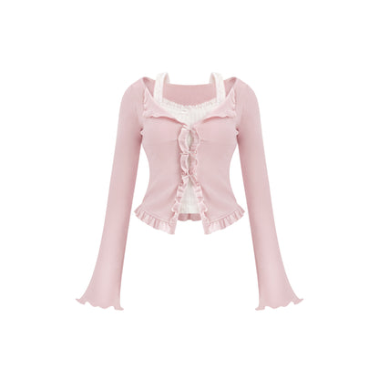 Pink Fitted Knit Top With Tiered Skirt Set SER0136