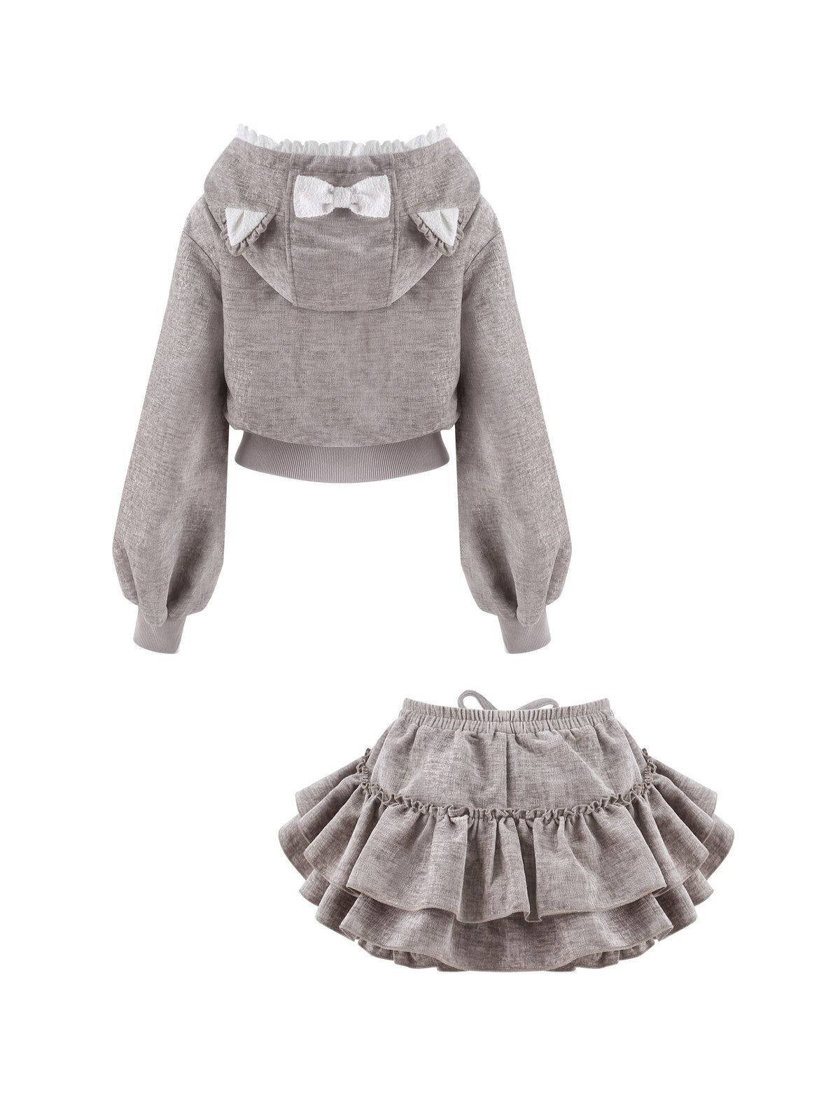 Cat Ear Hooded Grey Jacket And Ruffle Cake Skirt Set SER0157