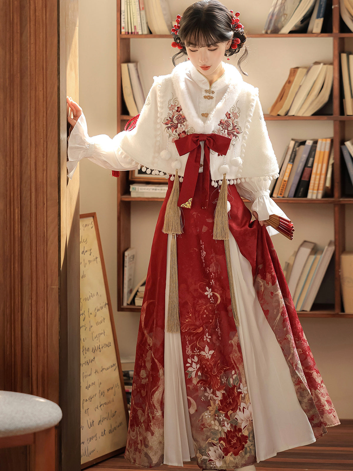 Chinese Style Floral Shirt Skirt And Cape Set YOU0325