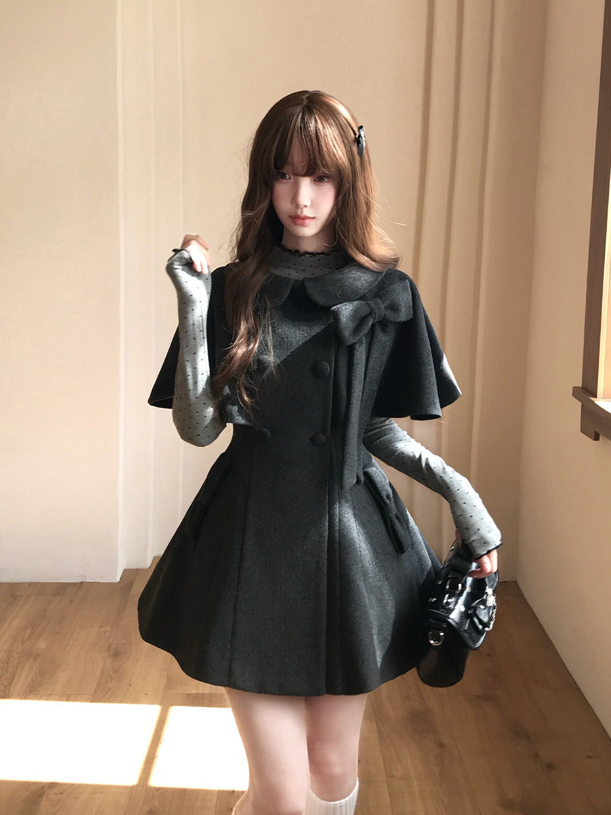 Cape Sleeve Bow Collar Coat LAL0135