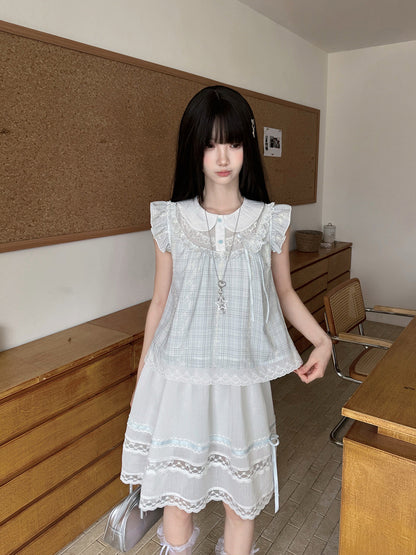 Doll Collar Flutter Sleeve Gingham Check Blouse LAL0224