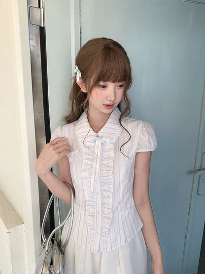Striped Doll Collar Puff Sleeve Blouse LAL0204
