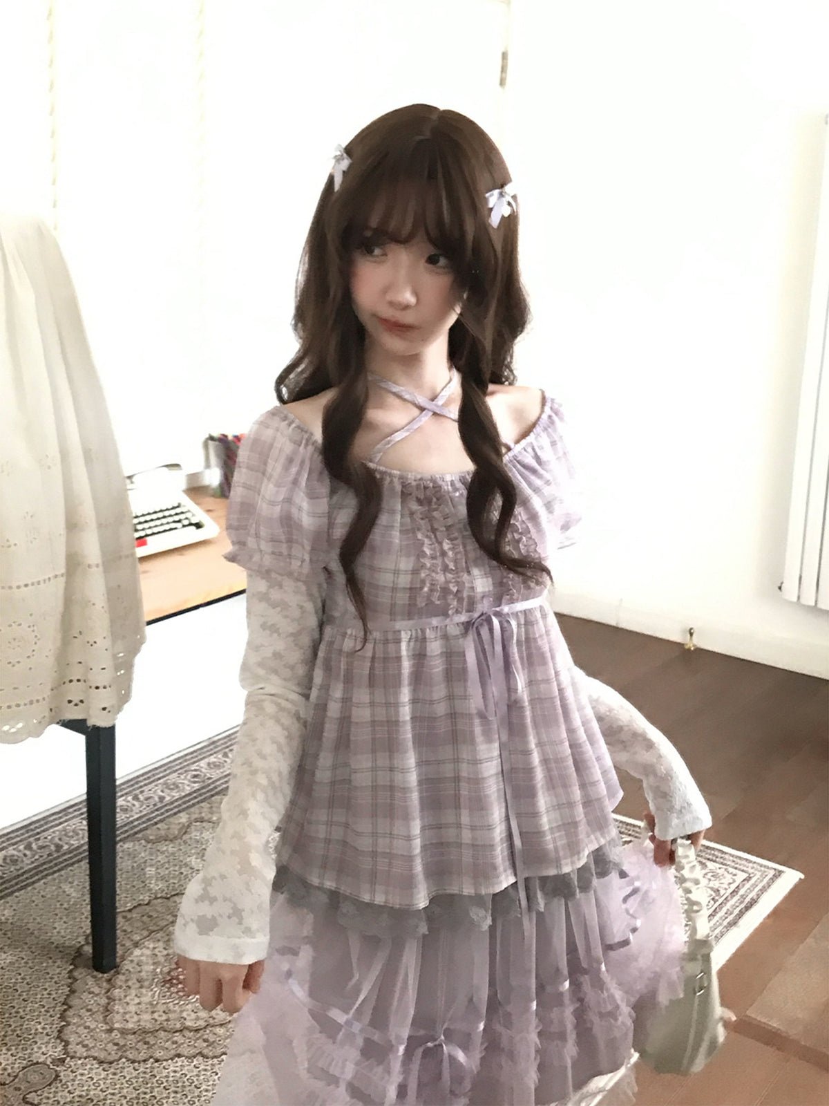 Plaid Puff Sleeve Top And Tiered Skirt Set LAL0242