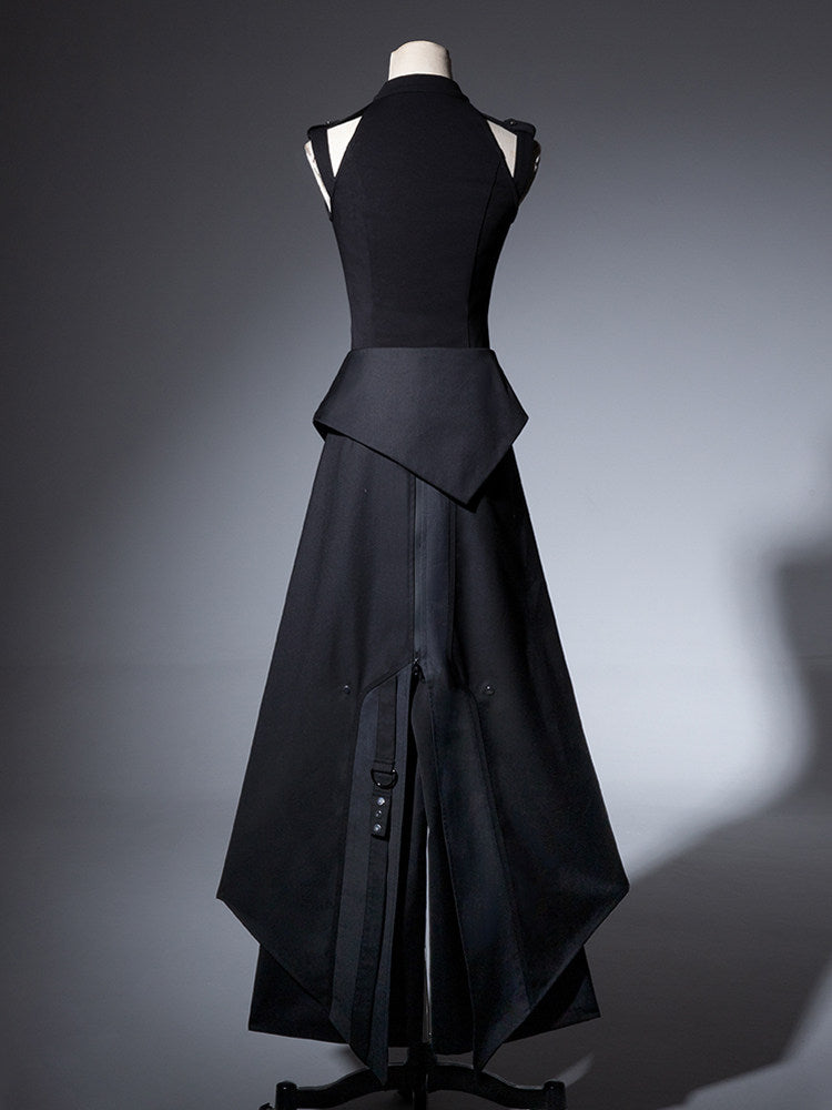 Black Gothic Asymmetric Apron Pants Set YOU0291