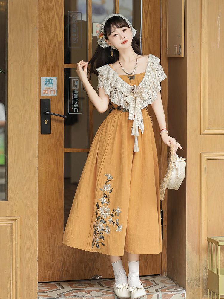 Orange Color Flower Embroidery China Style Dress YOU0041