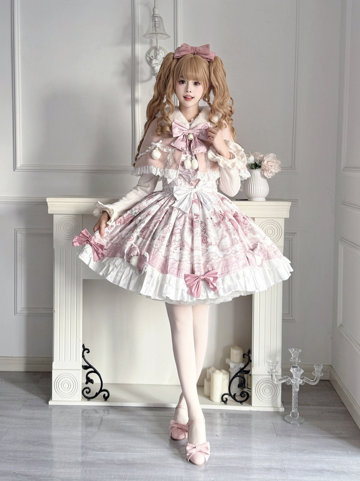 Floral Print Lolita Camisole Dress With Ruffle Cape Set YOU0266