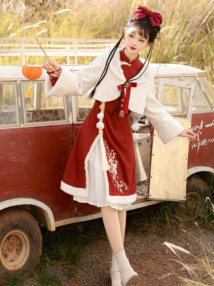 Chinese New Year Fur-Trim Jacket Dress Set YOU0241
