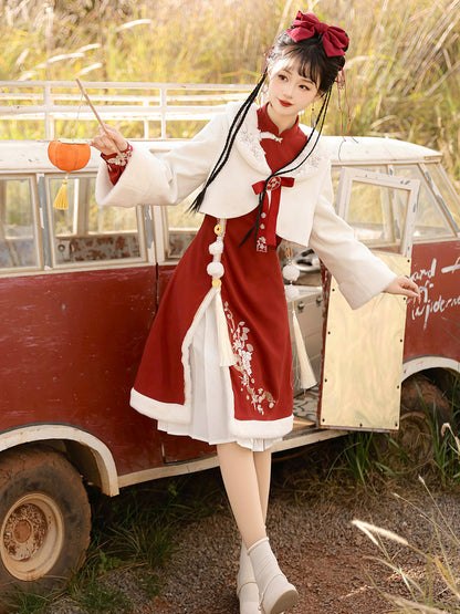 Chinese New Year Fur-Trim Jacket Dress Set YOU0241