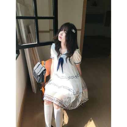 Sailor Collar Puff Sleeve Ruffle Hem Dress LAL0233
