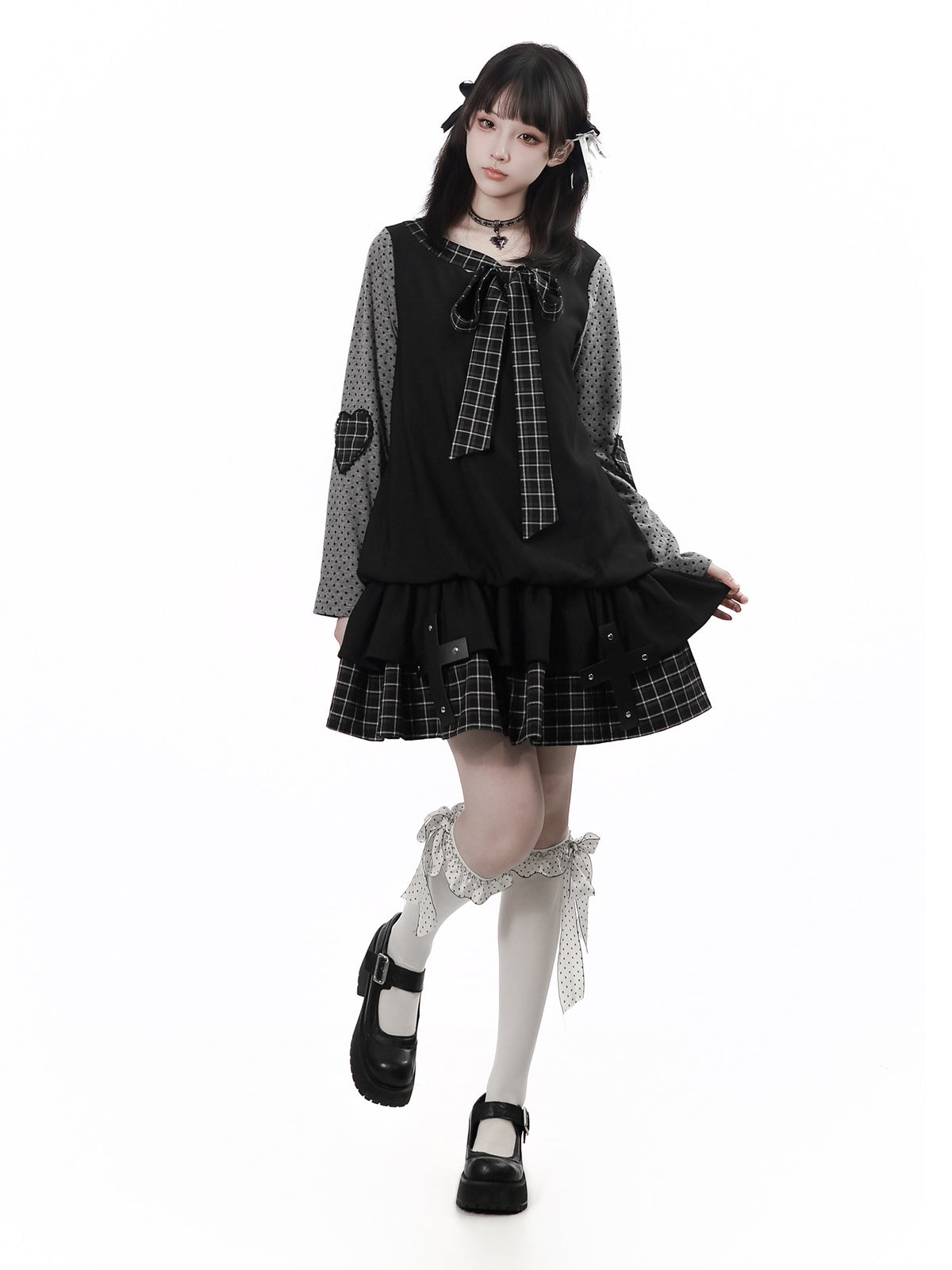 Plaid Puff Sleeve Gothic Tiered Dress PIN0026